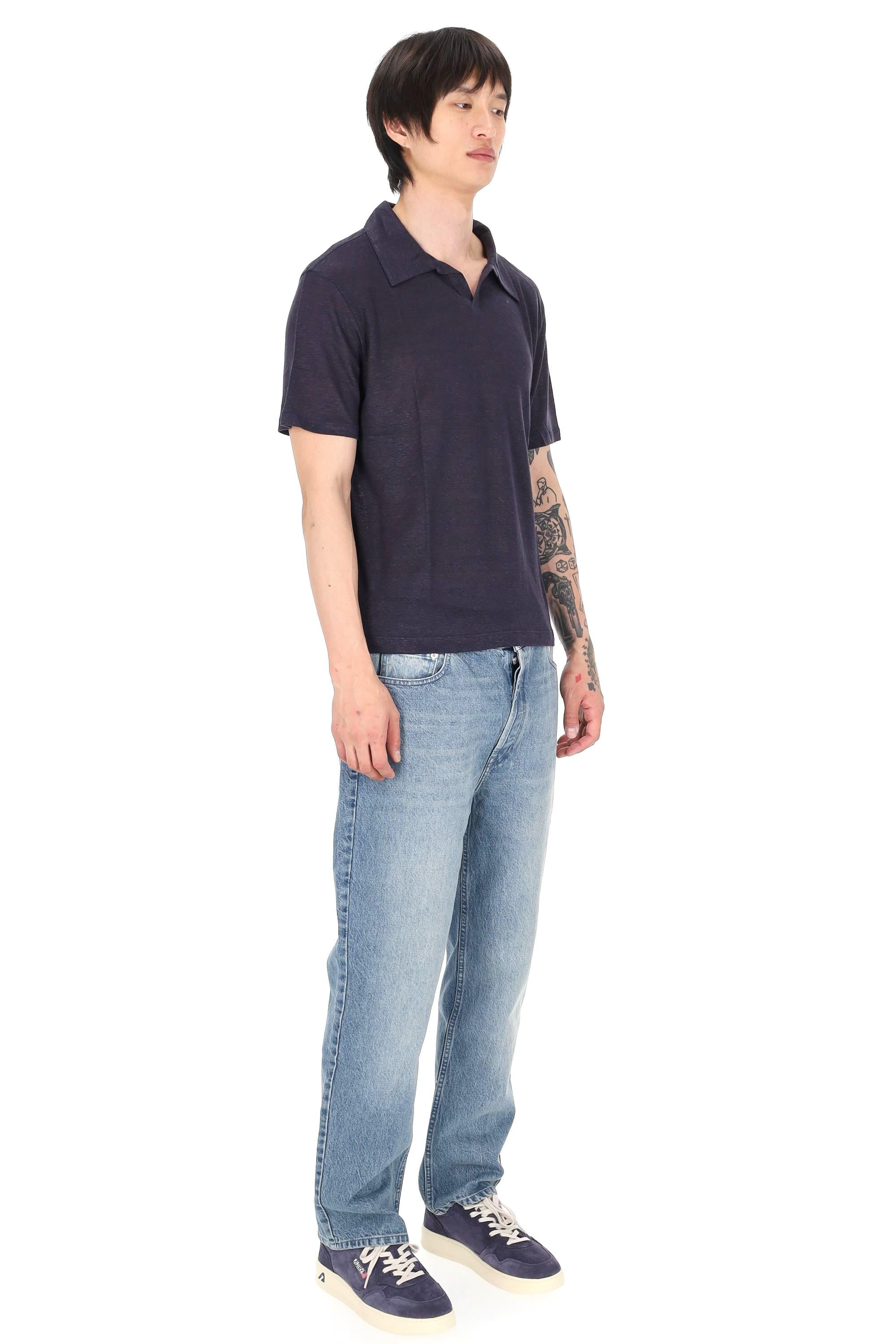 Officine Générale Polo tinto capo in jersey di lino open collar mod. Simon MTEE213 NAVY INK 