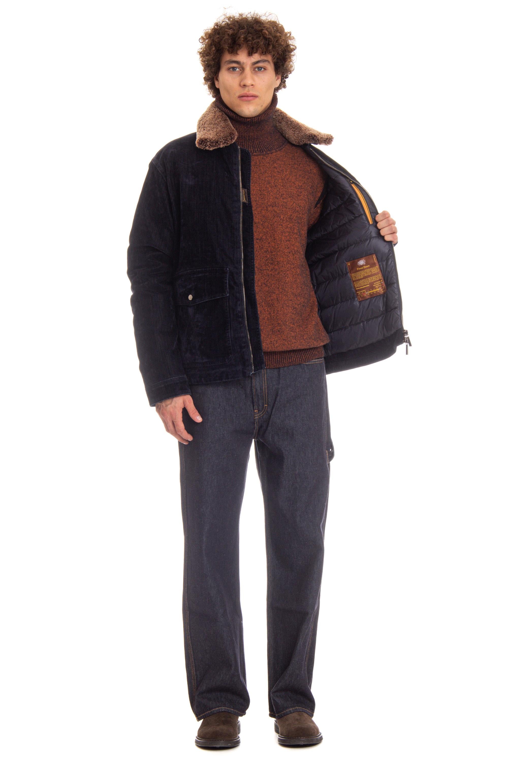 Moorer Bomber in denim floccato imbottito in piuma con collo in montone HENDRIC-41 DARK BLU 
