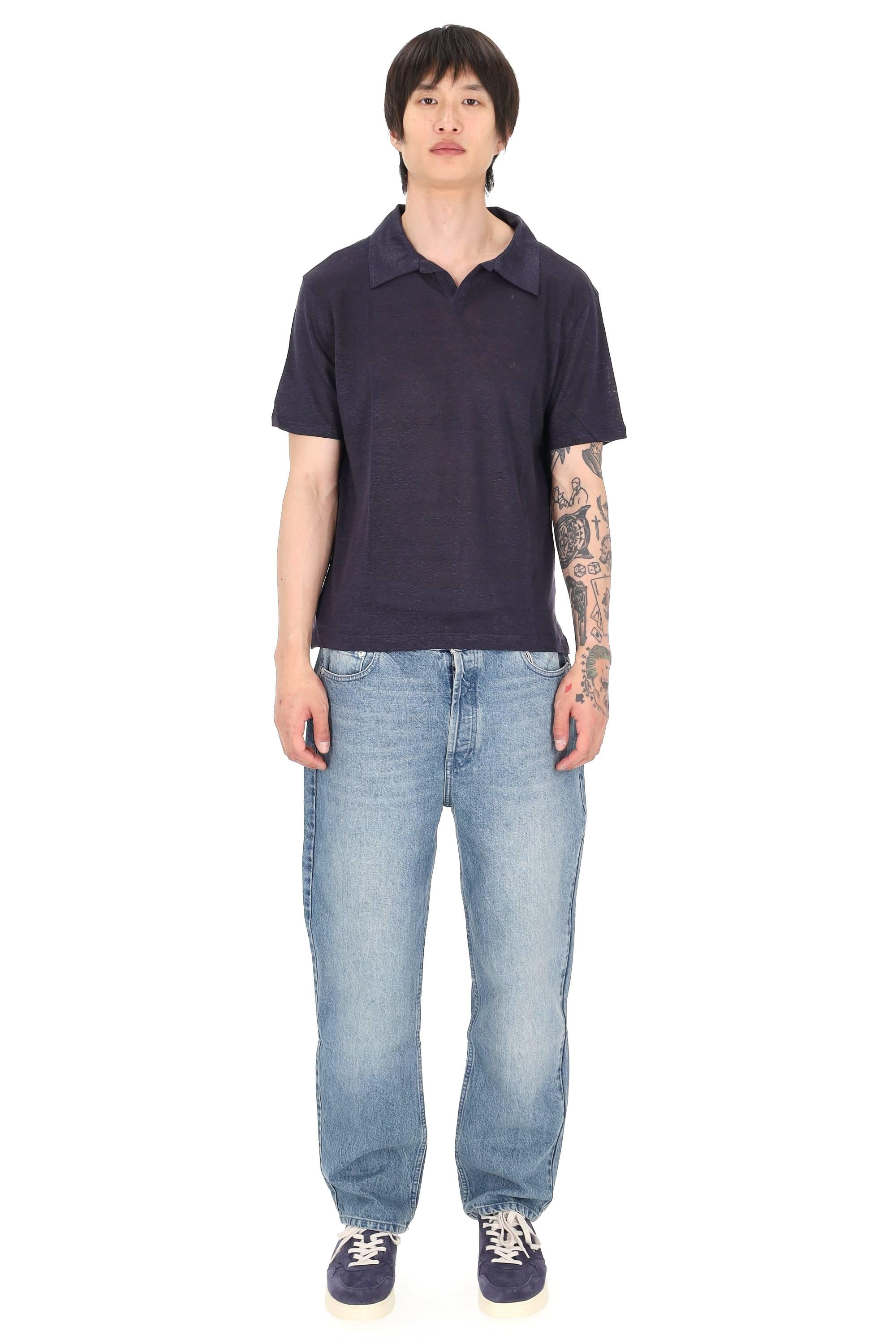 Officine Générale Polo tinto capo in jersey di lino open collar mod. Simon MTEE213 NAVY INK 