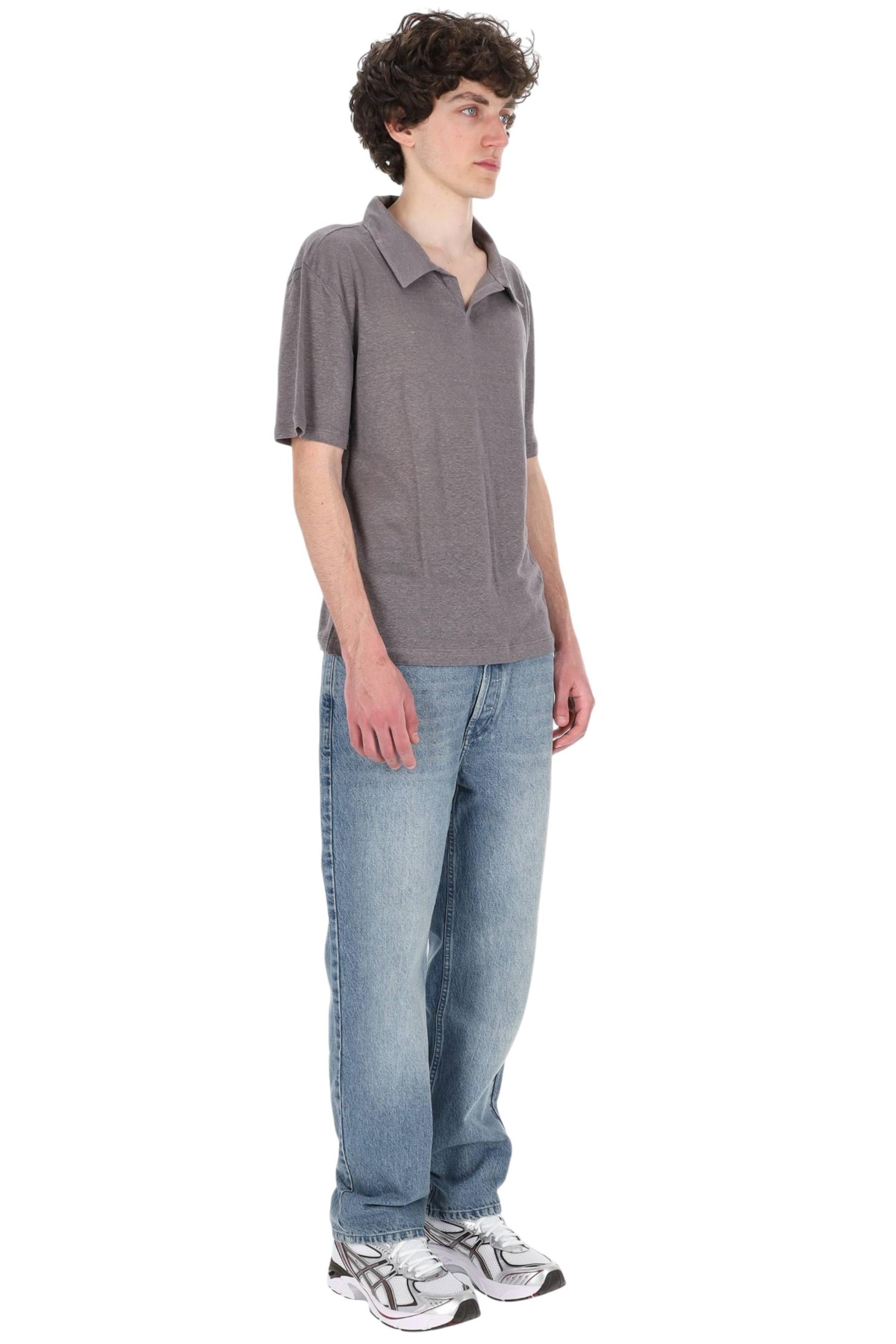 Officine Générale Polo in lino open collar MTEE214 SMOKED PEARL 