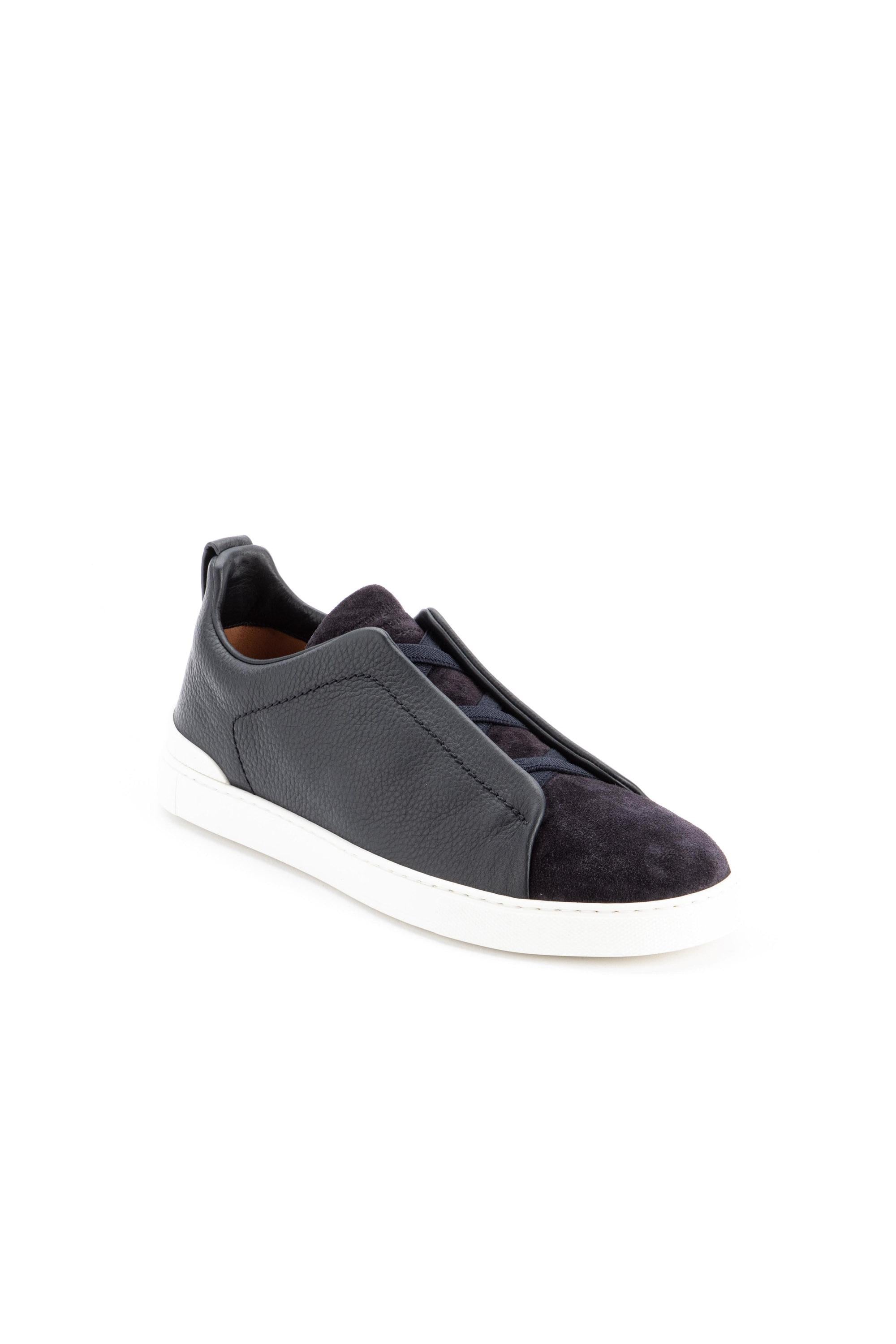 Zegna Sneakers triple stitch bimateriale in pelle e camoscio LHRHS A4667X NAV 