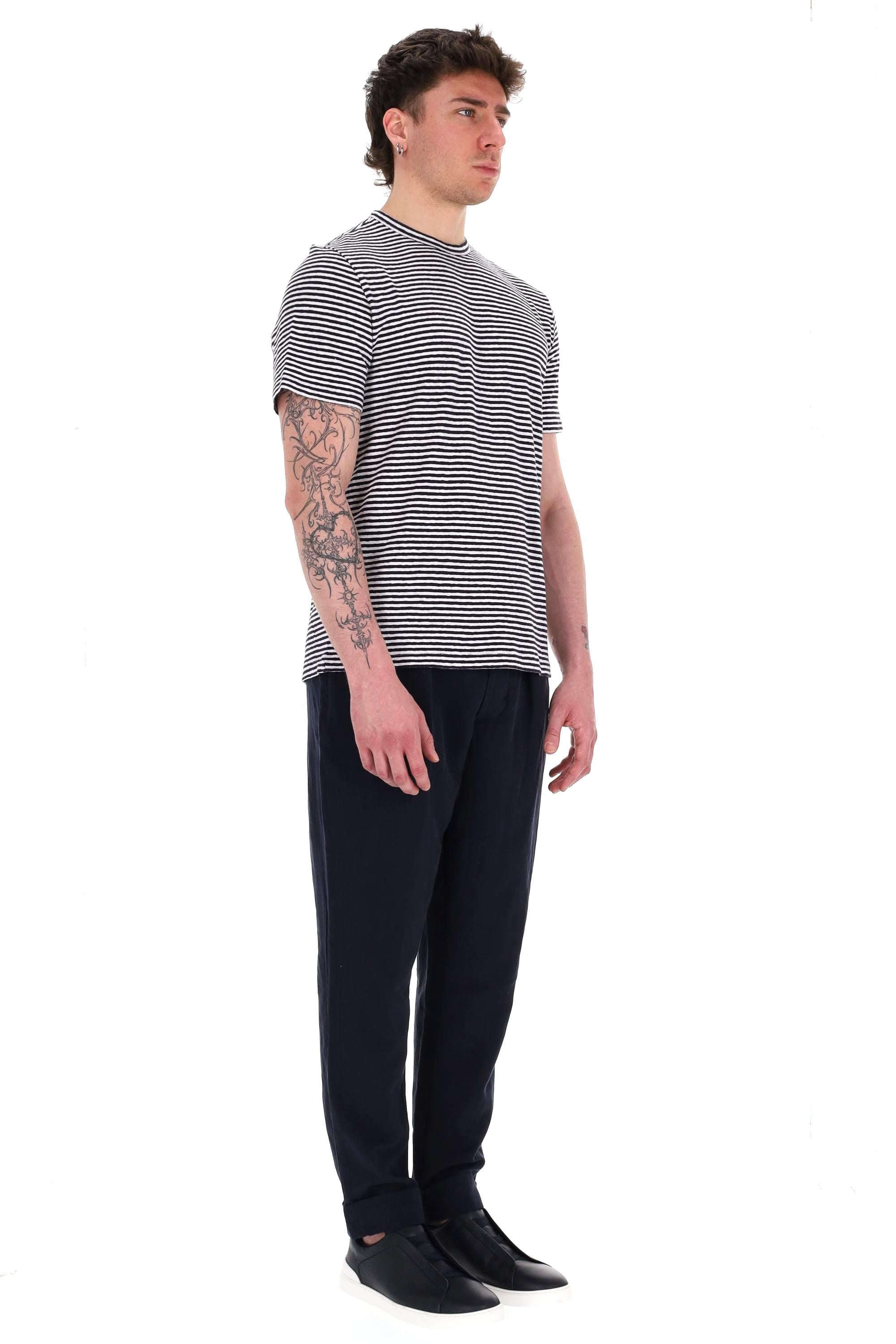 Officine Générale T-shirt a righe orizzontali in cotone-lino MTEE226 NAVY/WHITE 