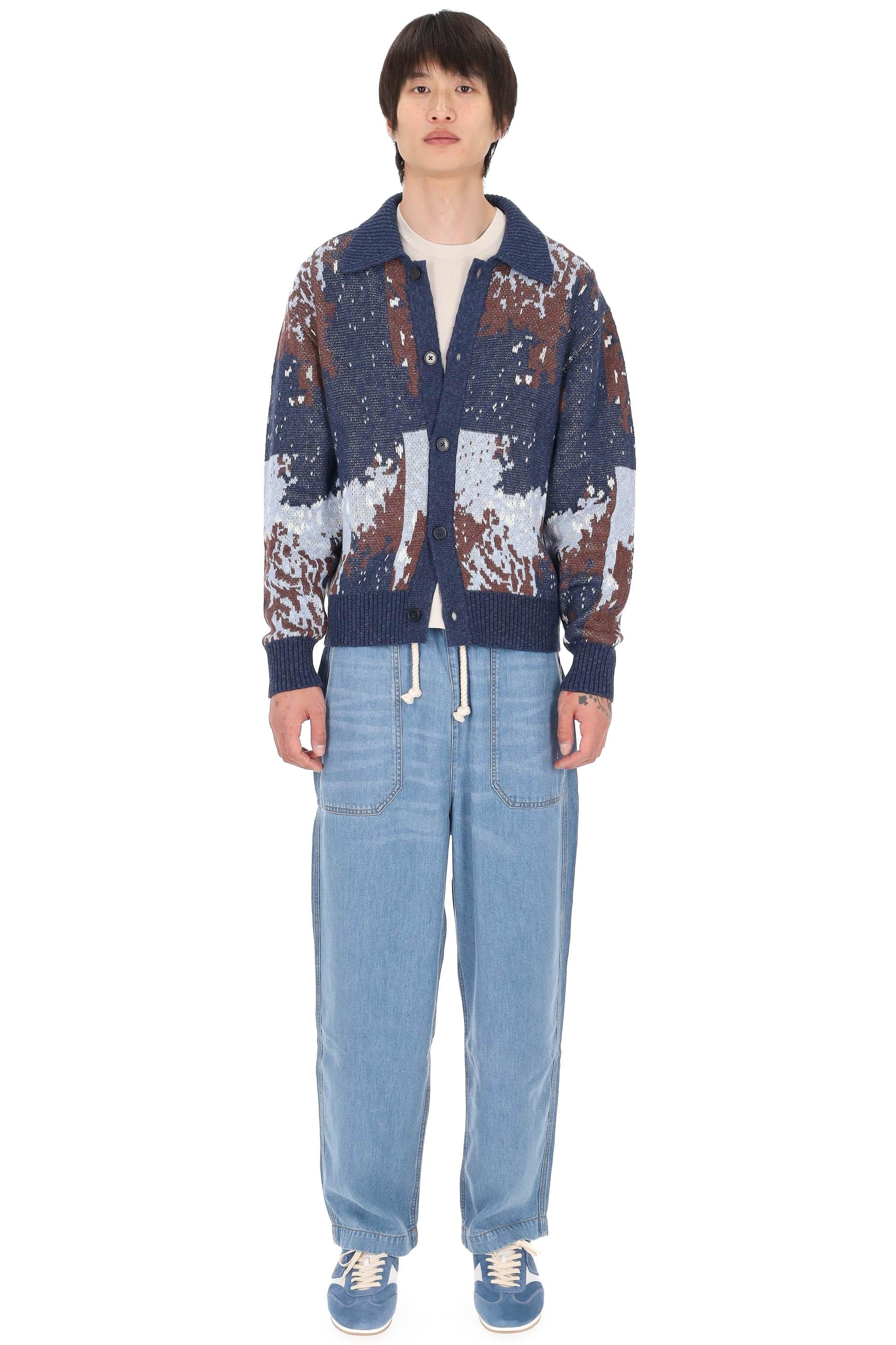 Officine Générale Maglia cardigan in cotone-lino terry jacquard MKNT307 NV/COCOA/BLUE/WH 