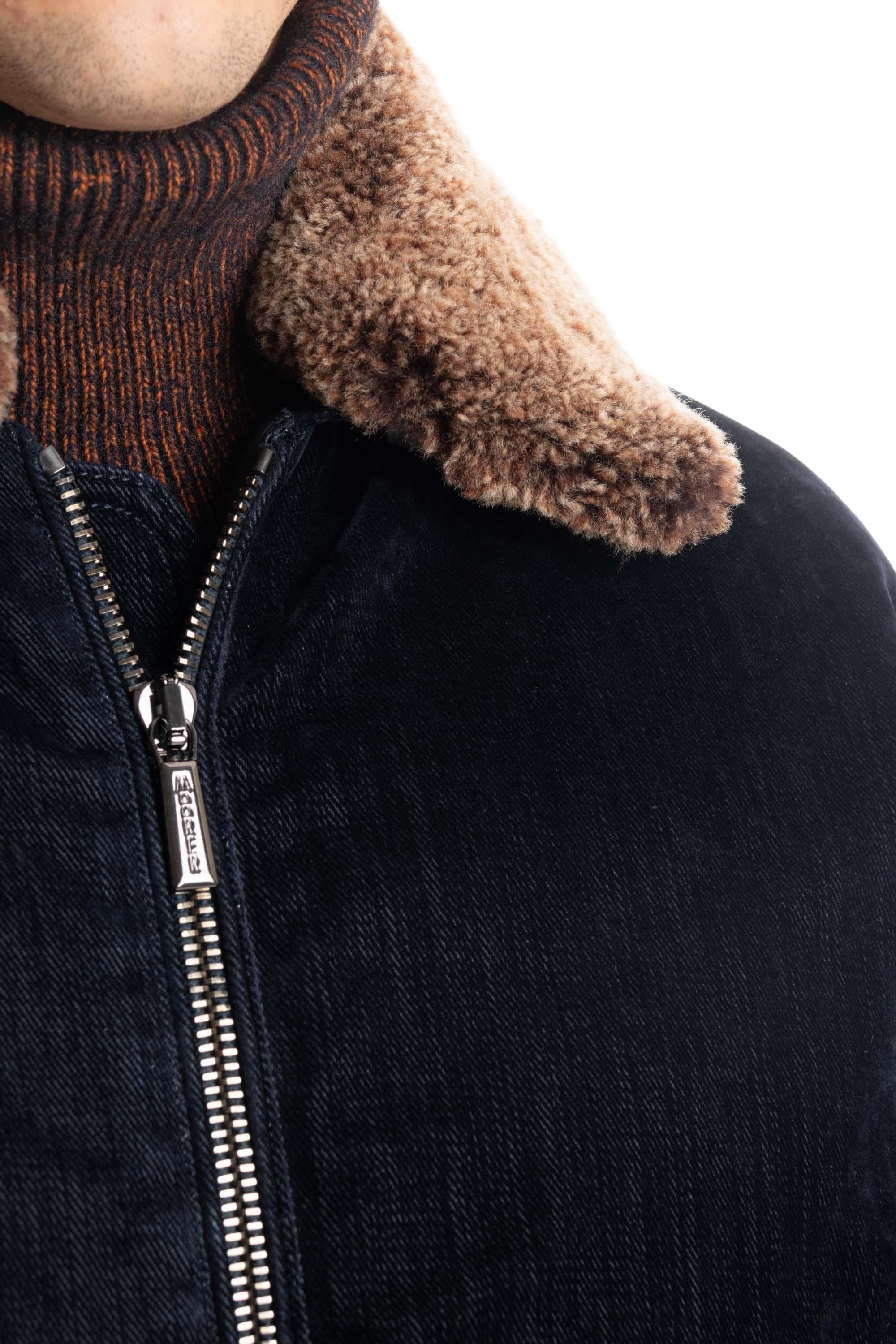 Moorer Bomber in denim floccato imbottito in piuma con collo in montone HENDRIC-41 DARK BLU 