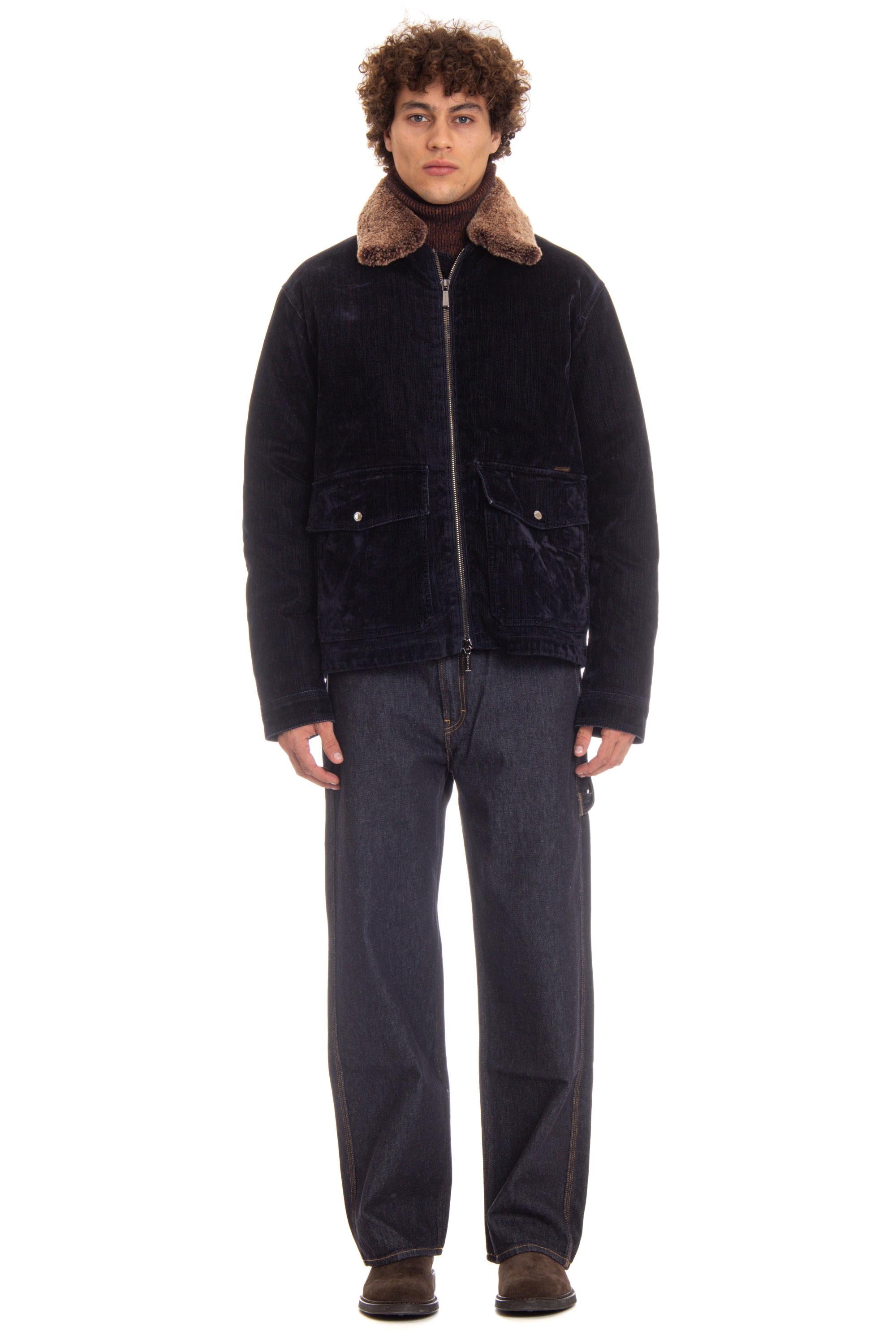 Moorer Bomber in denim floccato imbottito in piuma con collo in montone HENDRIC-41 DARK BLU 