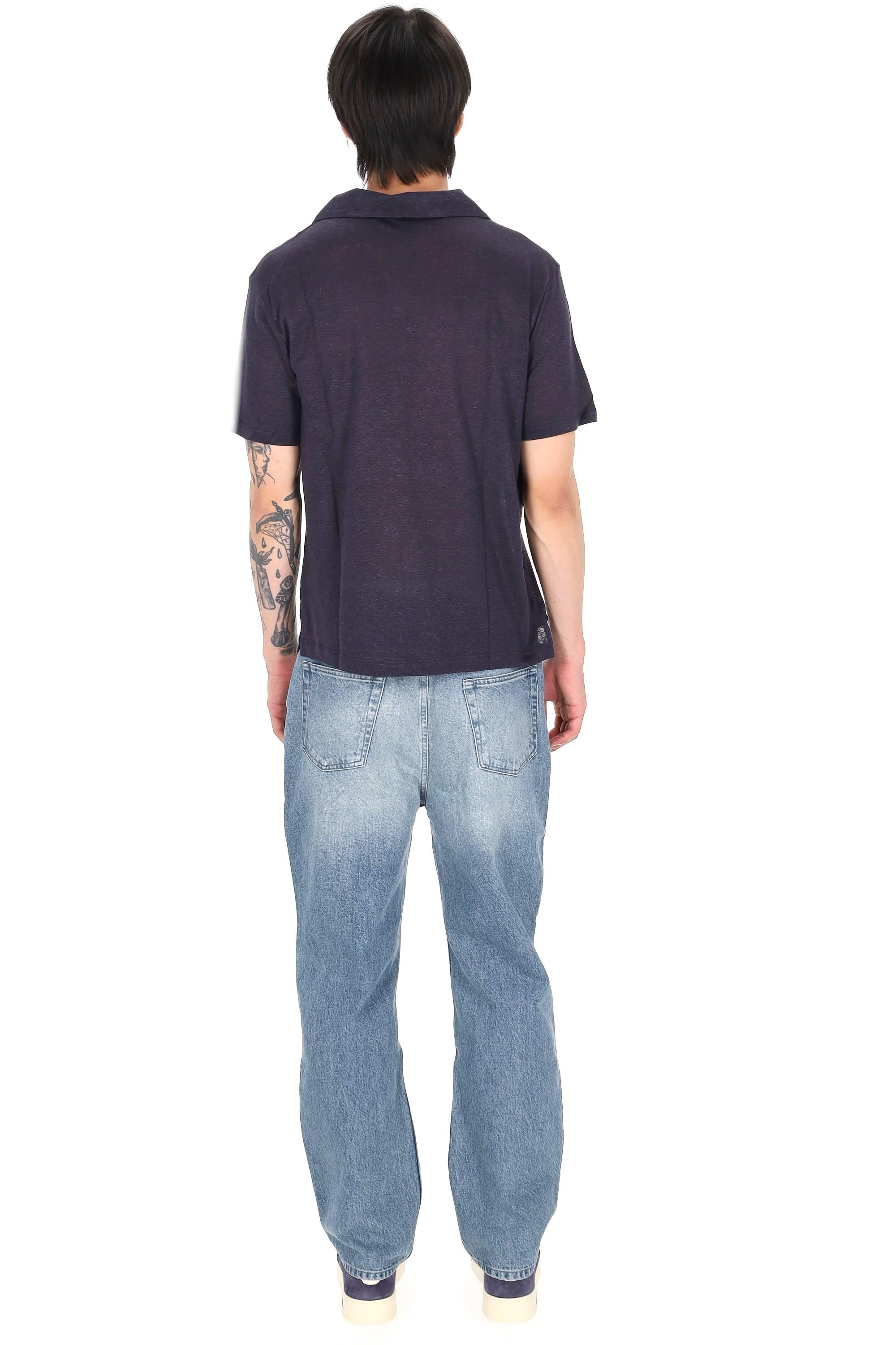 Officine Générale Polo tinto capo in jersey di lino open collar mod. Simon MTEE213 NAVY INK 