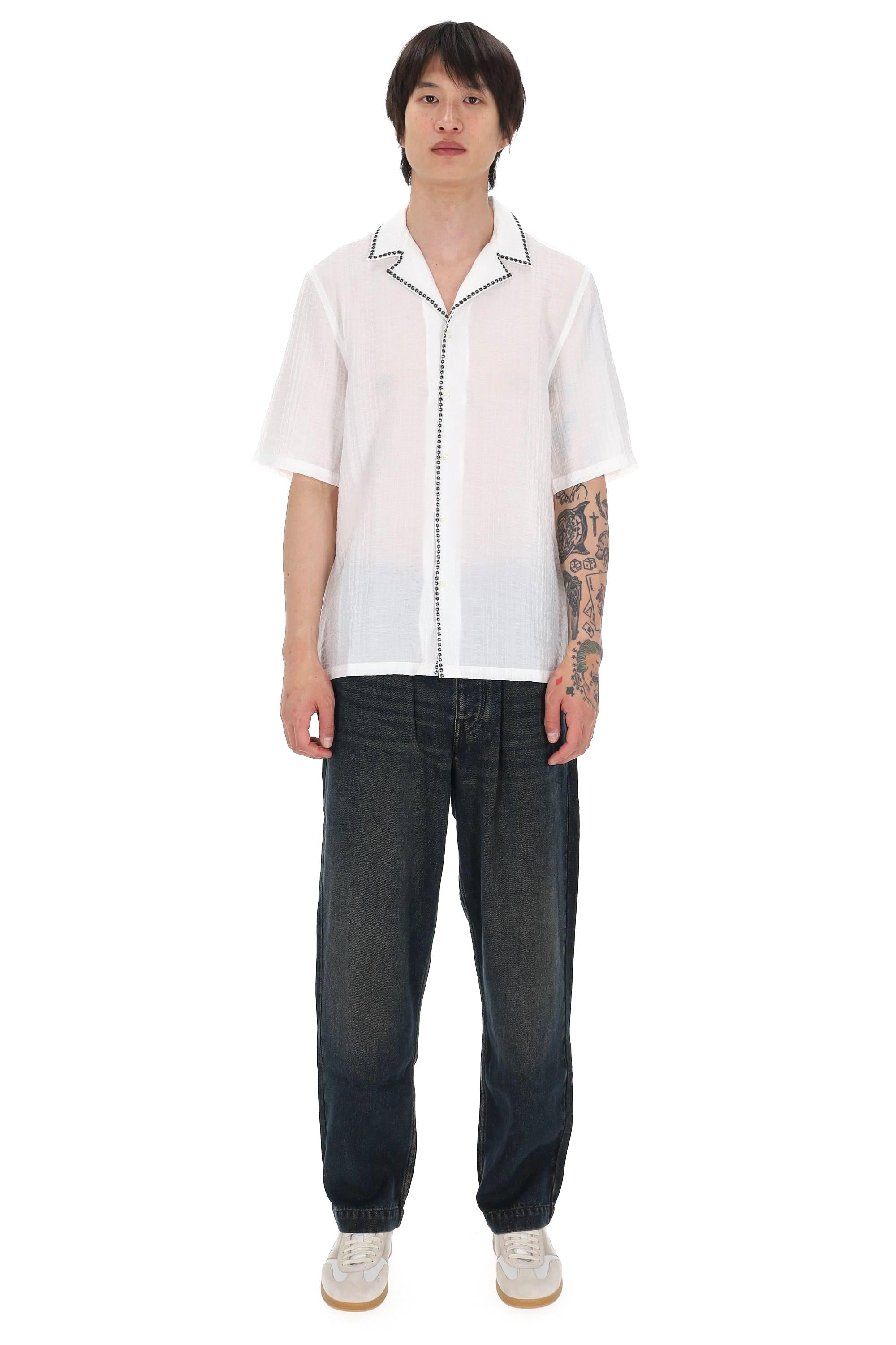 Officine Générale Camicia con ricamo in cotone seersucker mod. Eren MSHI005 WHITE/BLACK 