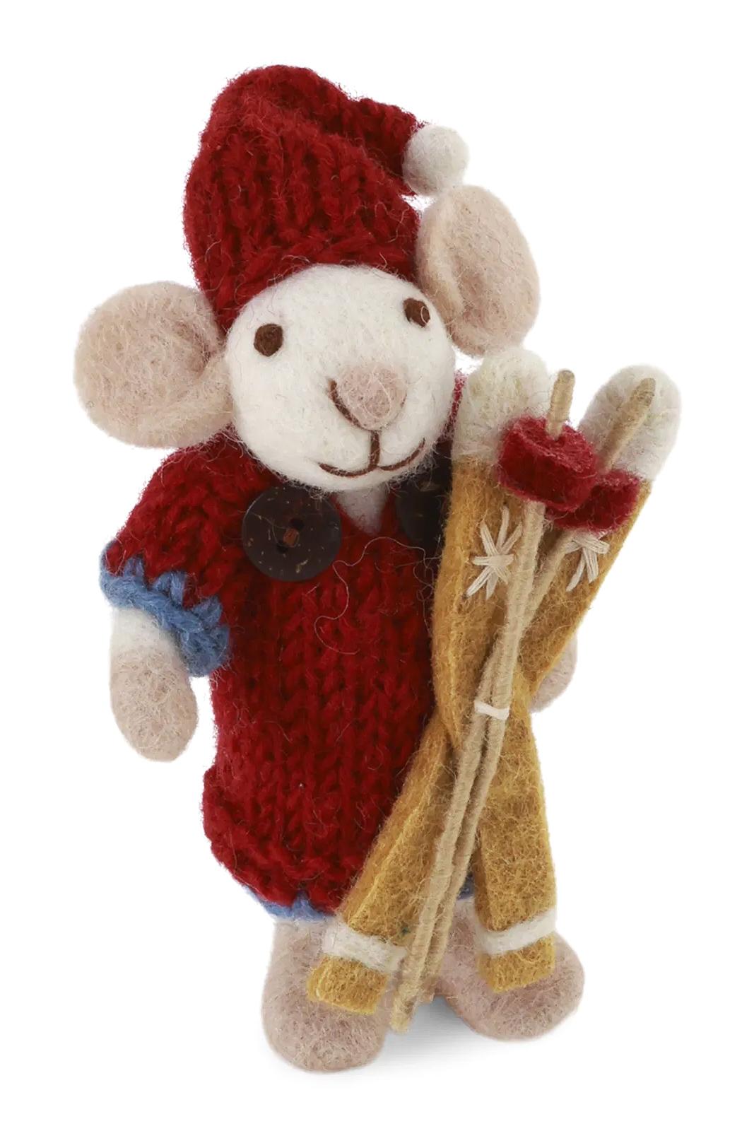 Gry&Sif Topina bianca piccola con vestito rosso in maglia e sci 20425 NN 