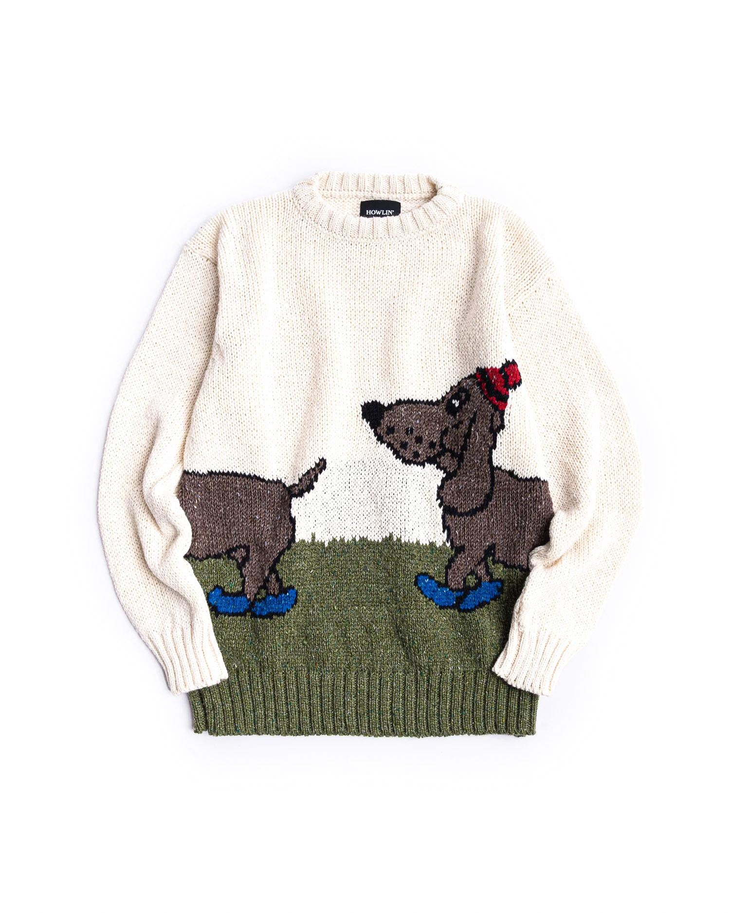 Howlin' Maglia girocollo in lana-mohair disegno bassotto jacquard PULL UP TO THE BUMPER ECRU 